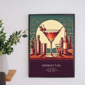 Manhattan Cocktail Print | Retro Bar Art | Drink Recipe Digital Download | Kitchen Wall Decor | Vintage Cocktail Poster