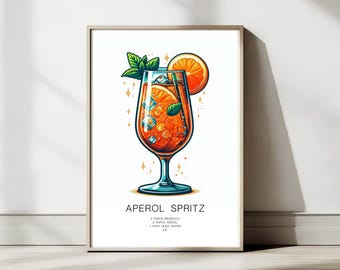 Impresión de la receta del cóctel Aperol Spritz: Arte retro para barra de cocina (descarga digital)