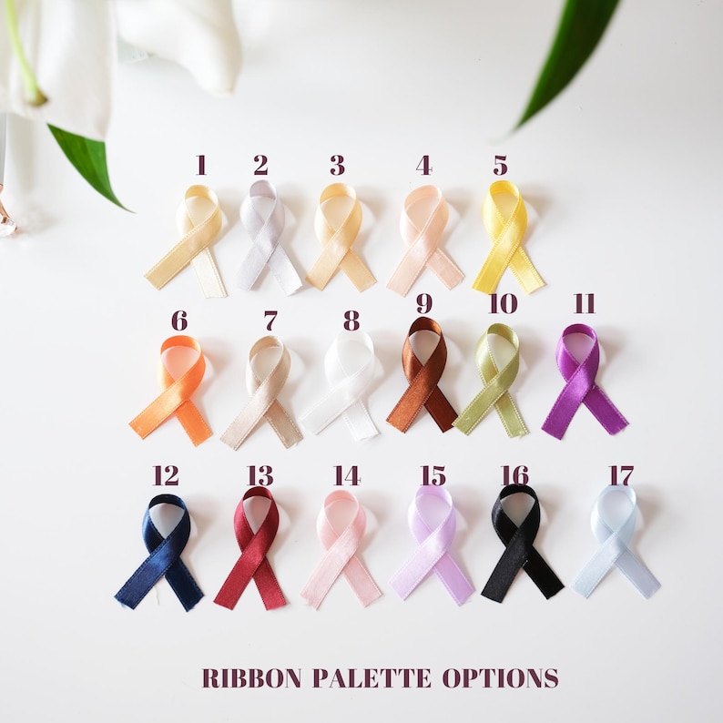 May include: A ribbon color palette with 17 different colors. The ribbons are arranged in rows and numbered 1 through 17. The colors include: ivory, light pink, light blue, light green, light yellow, orange, brown, red, purple, black, and white.