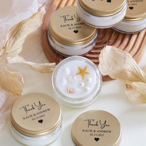 Bulk Wedding Shower Custom Candle Favors: Scented Soy Wax Candle decorated with Starfish, Seashell, and Pearls Favors