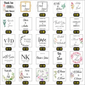 May include: A collection of 25 small, square, wooden signs with various floral designs and personalized text. Each sign features a different name and date, making them ideal for wedding favors or gifts.