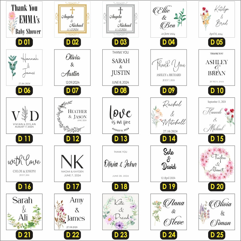 May include: A collection of 25 small, square, wooden signs with various floral designs and personalized text. Each sign features a different name and date, making them ideal for wedding favors or gifts.