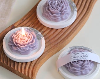 Custom Peony Shaped Candle Favor with Decorative Plate: Scented Candle Elegant Wedding Favors