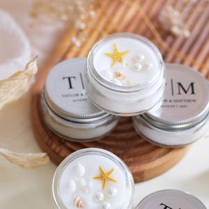 Custom Glass Jar Scented Candle with Seashell, Star and Pearl : Beach Wedding Guest Favors