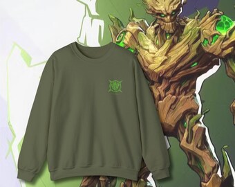 May include: A green army green sweatshirt with a small green graphic on the left chest. The graphic is a circle with a cross inside and the text "The Grove" underneath.