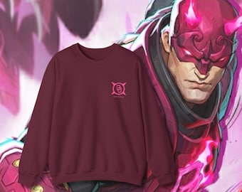 May include: A maroon crewneck sweatshirt with a small pink logo on the chest. The logo is a stylized design with the text "The Daredevil". The background features a comic book style illustration of a character in a mask.