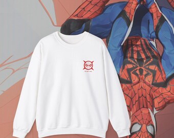 May include: White crewneck sweatshirt with a red spider-man logo on the front. The logo is a red circle with a black spider web inside and a red cross through it. The text "You got this, man" is written below the logo.