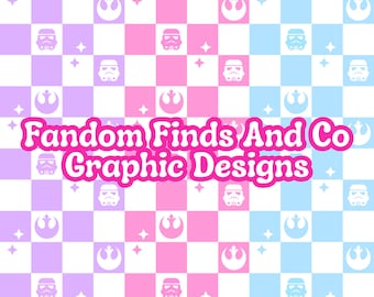 May include: A pink and blue checkered background with white stars and white Rebel Alliance symbols. The text "Fandom Finds And Co Graphic Designs" is in the center of the image.