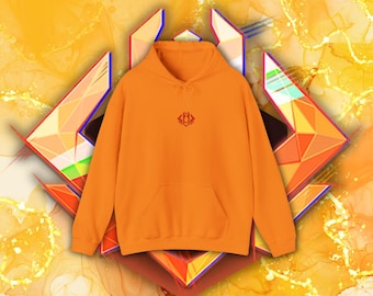 May include: Orange hoodie with a small red geometric design on the front.