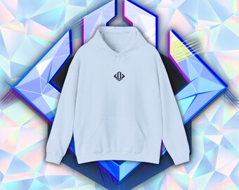 May include: A light blue hoodie with a small black logo on the front. The logo is a diamond shape with the letters "<0>" inside.