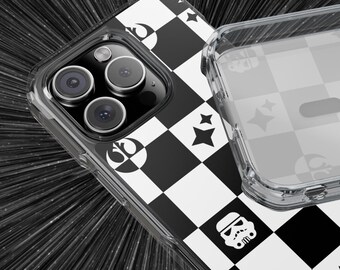 May include: A clear phone case with a black and white checkered pattern. The case features various graphic designs, including stars, a stormtrooper, and other symbols. The phone's camera lenses are visible through the case.