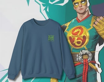 May include: A dark blue sweatshirt with a green and yellow logo on the left chest. The logo is a circle with a stylized design inside. The sweatshirt is a crew neck style with long sleeves.