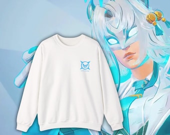 May include: A white sweatshirt with a small blue emblem on the chest. The emblem features a stylized design. The sweatshirt is a crew neck style with long sleeves. The background features a character illustration with a white mask and blue accents.