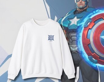 May include: White sweatshirt with a blue and white logo of a star inside a circle with four lines extending from the circle. The logo is centered on the chest of the sweatshirt.