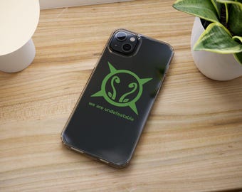 May include: A black phone case with a green logo that says "we are undefeatable".