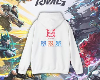 May include: White hooded sweatshirt featuring a red and blue Spider-Man logo and the text "you get a web." Below are three colored symbols. The background includes the Marvel Rivals logo and comic book art.