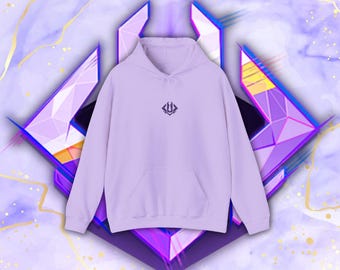 May include: A lavender colored hoodie with a small, dark purple logo on the front. The logo is a stylized geometric shape.
