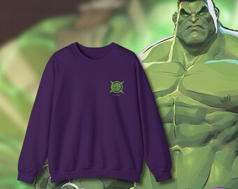 May include: Purple sweatshirt with a green fist graphic and the text "Hulk Smash" on the front.
