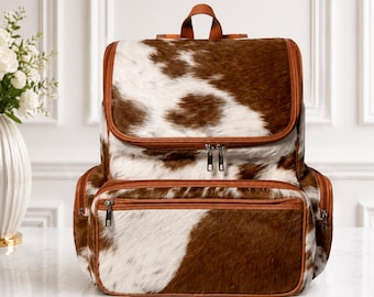 Vintage Style Cowhide Leather Backpack – Tan & White Handmade Travel Bag