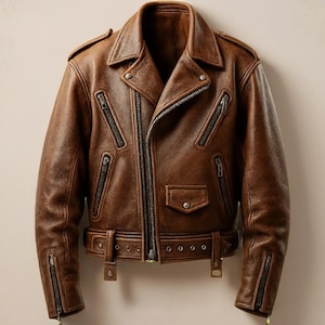 Men&#39;s Brown Sheepskin Leather Biker Jacket | Vintage Motorcycle Jacket with Belt | Handmade Genuine Leather Outerwear