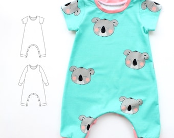 FUNNY FRIENDS Long Romper pattern Pdf, Jersey Harem Romper, Short and Long Sleeves, Baby Boy Girl romper, Toddler romper, preemie - 4 years