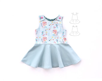 SEA LIFE Girl Dress Pinafore sewing pattern Pdf, Knots and regular Straps, Knit, newborn up to 10 years