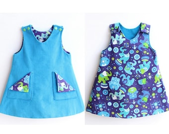 ALISHA Girl Dress Pinafore sewing pattern Pdf, REVERSIBLE, Woven, newborn up to 10 years