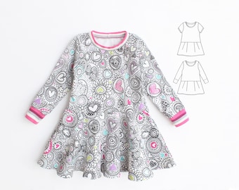 Girl Twirly Dress sewing pattern Pdf, DOODLE, Short Sleeve, Long Sleeve, Knit, newborn up to 10 years