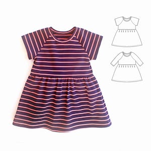 May include: A navy blue and coral striped dress with short sleeves. The dress features a round neckline and a gathered waist. Two line drawings of the dress are shown in the upper right corner. The dress is made of a soft, comfortable material.