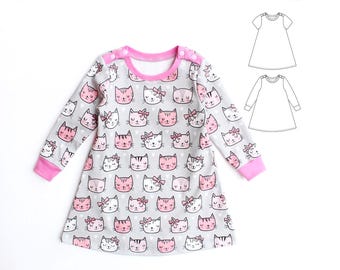 Girl Dress sewing pattern Pdf, BABY CATS, Long and Short Sleeve, Knit, newborn up to 10 years