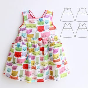 KITTY Girl Dress Pinafore sewing pattern Pdf, Woven, newborn up to 10 years