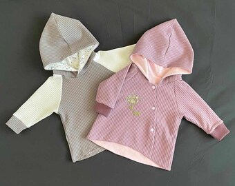 Patrón de costura para sudadera con capucha y chaqueta reversible WOODY, manga raglán, tejido de punto, desde prematuros hasta 4 años