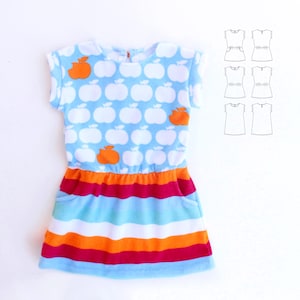 May include: A sleeveless dress with a blue top patterned with white apples and orange accents. The waist is cinched with a striped pattern of red, orange, and blue. The dress has pockets and a round neckline. A pattern diagram is on the right.