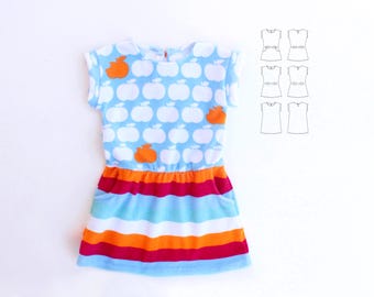 FRUITY FUN Girl Dress sewing pattern Pdf, Jersey Knit Dress THREE Views Optional Pockets Kimono Sleeves, toddler dress 12m - 10 yrs
