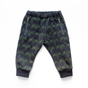 Könnte beinhalten: Dunkelblaue Sweatpants mit einem grünen Drachenmuster. Die Hose hat zwei Reißverschlusstaschen und elastische Bündchen. Der Bund ist elastisch. Das Drachendesign wiederholt sich über den Stoff.