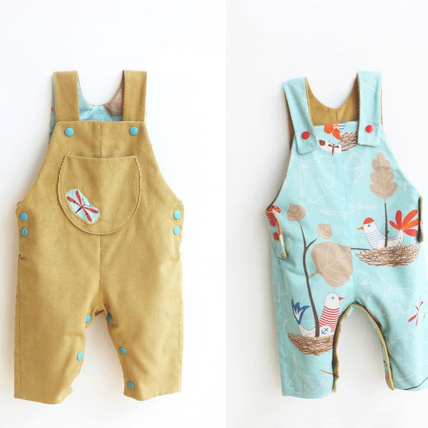 Patrón de costura de mono reversible AHOY LINED en PDF, peto Jon Jon para bebé niño y niña, abertura para piernas, desde recién nacido hasta 4 años