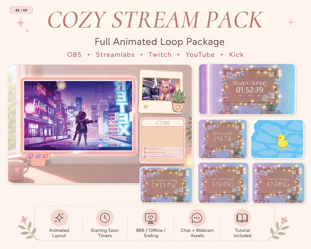 Cozy Animated Stream Overlay Package, Pastel Lofi Vtuber OBS Graphics ...