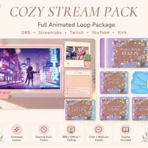 Könnte beinhalten: Ein digitales Kunstpaket für Streamer, mit einem animierten Layout in Rosa und Weiß mit dem Text "COZY STREAM PACK". Enthält animierte Timer, Webcam-Assets und ein Tutorial. Kompatibel mit OBS, Streamlabs, Twitch, YouTube und Kick.