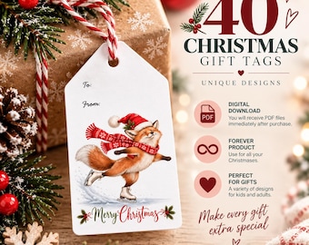Può includere: Un'etichetta regalo rettangolare bianca con una volpe che indossa una sciarpa rossa e bianca mentre pattina sul ghiaccio, con il testo To, From e Merry Christmas. L'etichetta ha un cordino rosso e bianco ed è accanto a testo per 40 etichette.