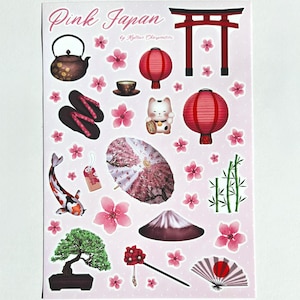 Planche de stickers sur le thème du Japon, autocollants rose fleurs de cerisier