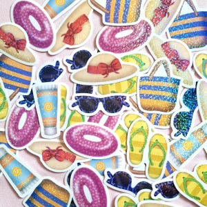Stickers holographique été à la plage, Autocollant forme bouée, lunettes de soleil, crème solaire, chapeau, tongs, sac de plage