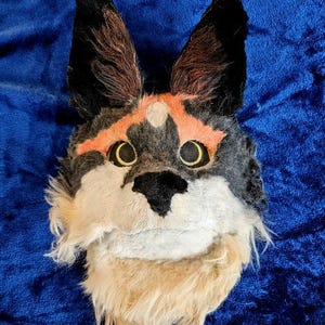 Handmade calico cat therian mask w/ movable jaw