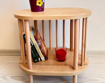 Wooden Side Table with Beech Rods – Modern Oval Nightstand