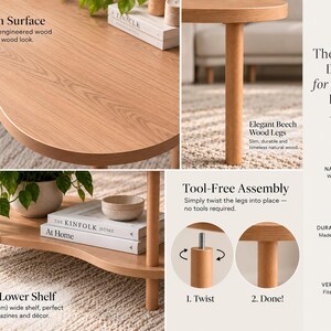 May include: A light brown kidney-shaped coffee table with a smooth engineered wood surface, a lower storage shelf, and cylindrical beech wood legs. The table features tool-free assembly with twist-in legs and measures 26 inches wide.