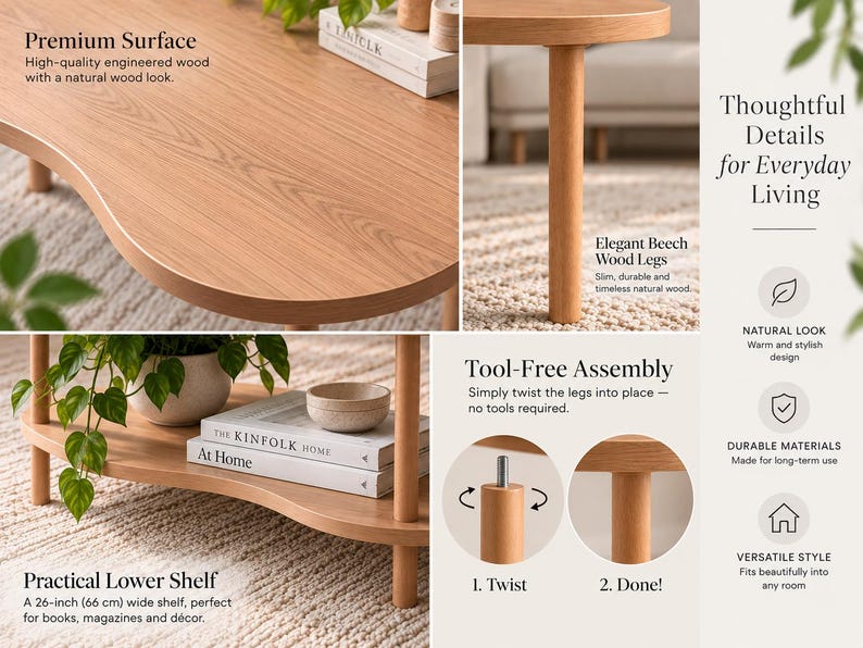 May include: A light brown kidney-shaped coffee table with a smooth engineered wood surface, a lower storage shelf, and cylindrical beech wood legs. The table features tool-free assembly with twist-in legs and measures 26 inches wide.