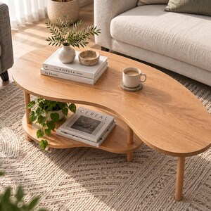 May include: A light wood coffee table with an organic kidney-bean shape and a lower shelf. The top surface holds a white vase with greenery, a small bowl, and a stack of books titled The Kinfolk Home and At Home. A mug and books titled Cereal sit below.