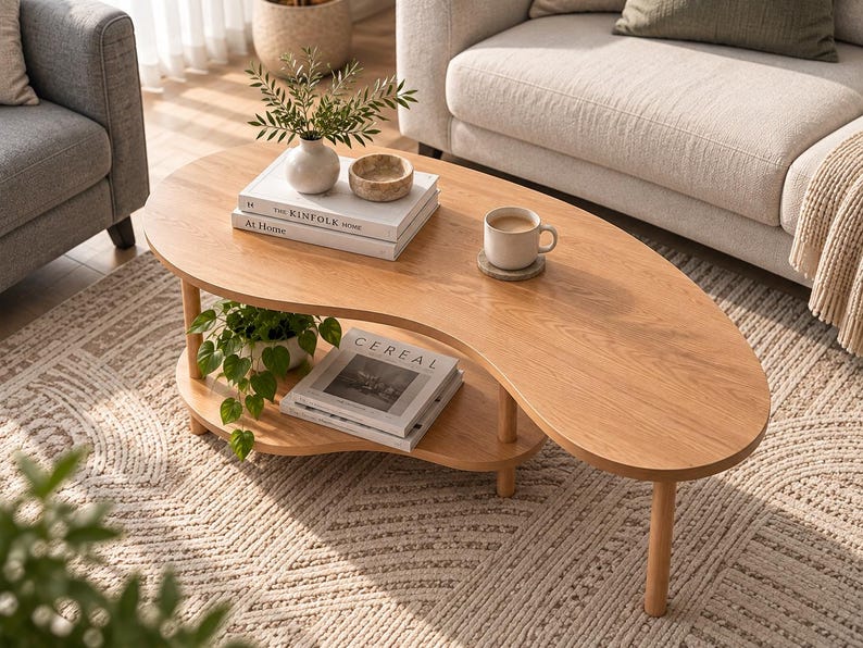 May include: A light wood coffee table with an organic kidney-bean shape and a lower shelf. The top surface holds a white vase with greenery, a small bowl, and a stack of books titled The Kinfolk Home and At Home. A mug and books titled Cereal sit below.