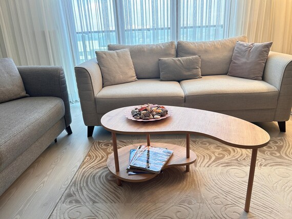 Bean Shaped Coffee Table,  Modern Minimalist Center Table with Beech Wood Legs