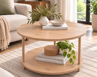 Round Wooden Coffee Table, Beech Wood Rods, 2-Tier Modern Center Table
