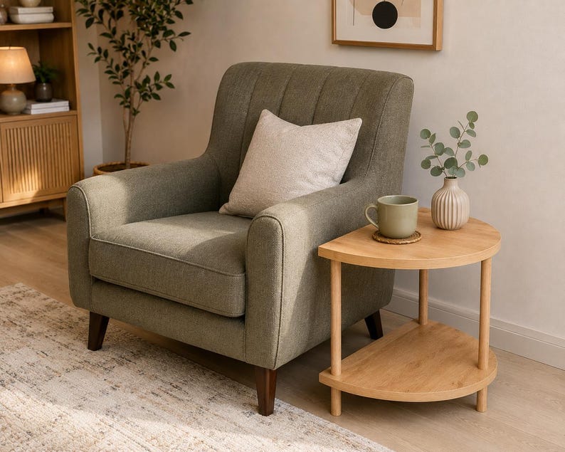 May include: An olive green upholstered armchair with vertical channel tufting on the backrest, featuring a light beige square throw pillow, positioned next to a semi-circular light wood side table with two tiers and four cylindrical legs.